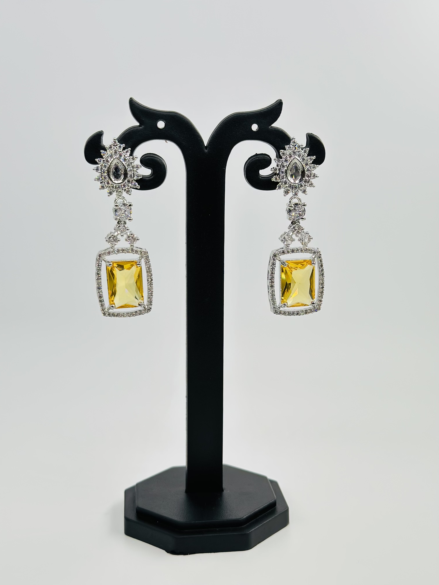 Yellow Stone & CZ Rhodium-Tone Drop Earrings