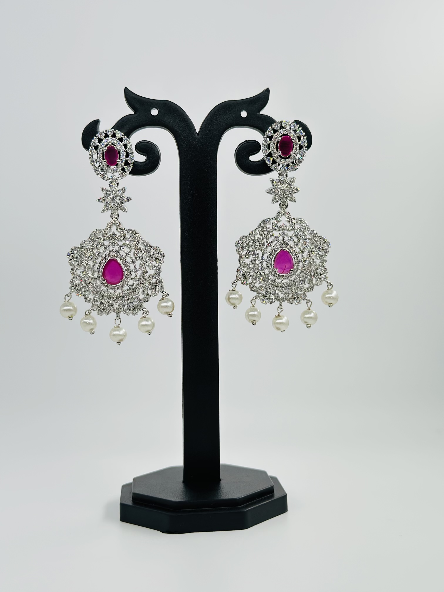Ruby & CZ Rhodium-Tone Drop Earrings - Image 4