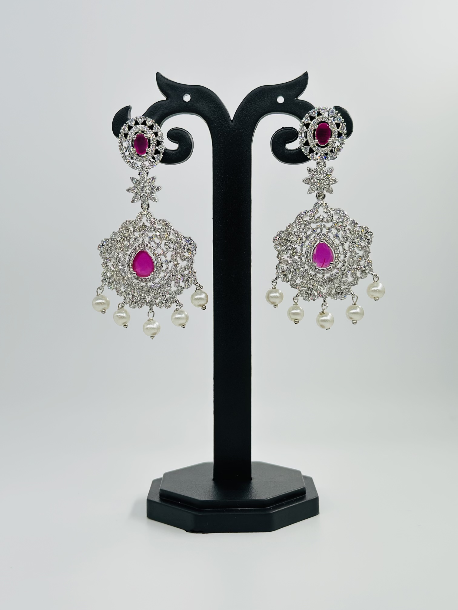 Ruby & CZ Rhodium-Tone Drop Earrings - Image 3
