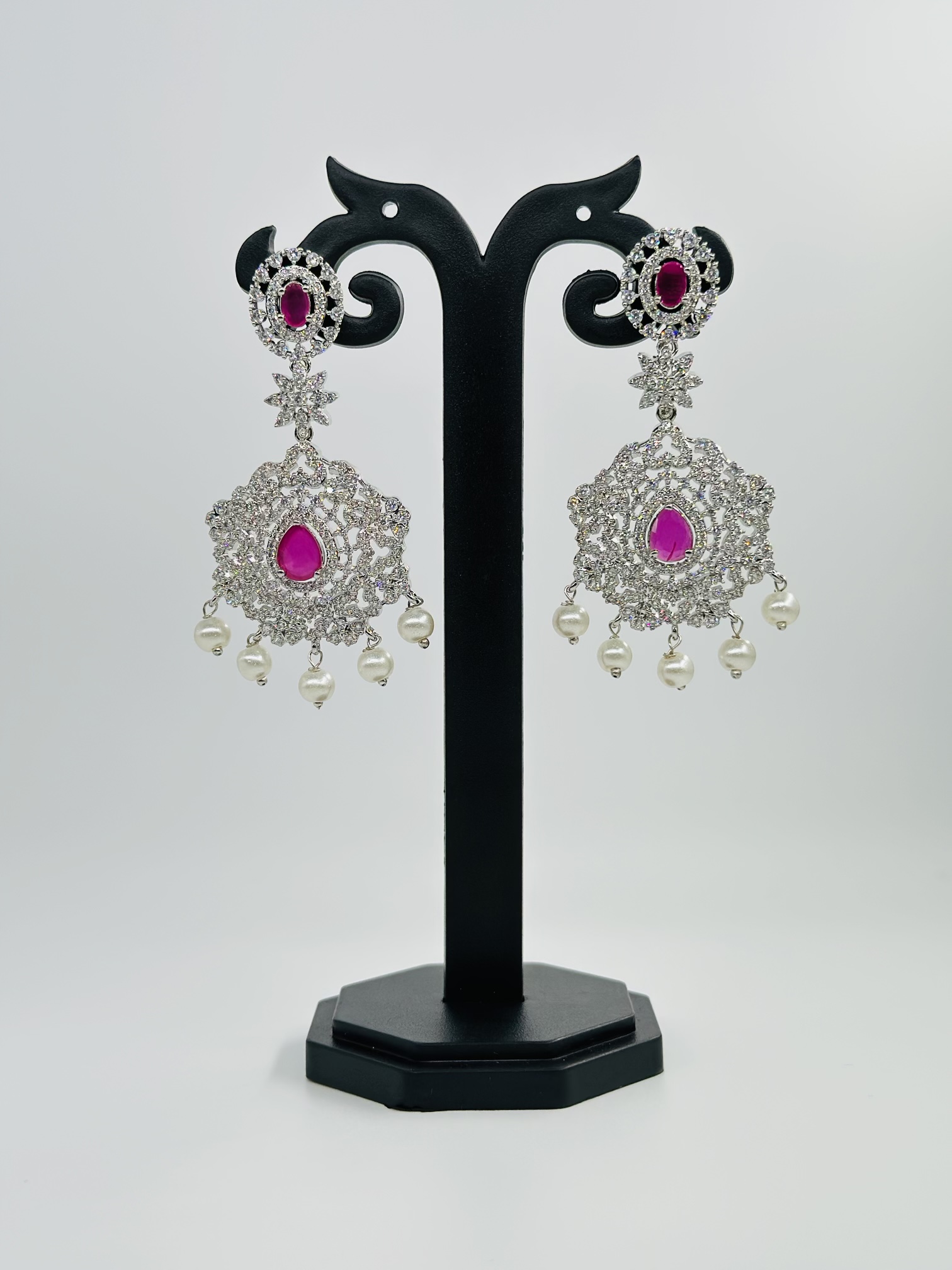 Ruby & CZ Rhodium-Tone Drop Earrings - Image 2