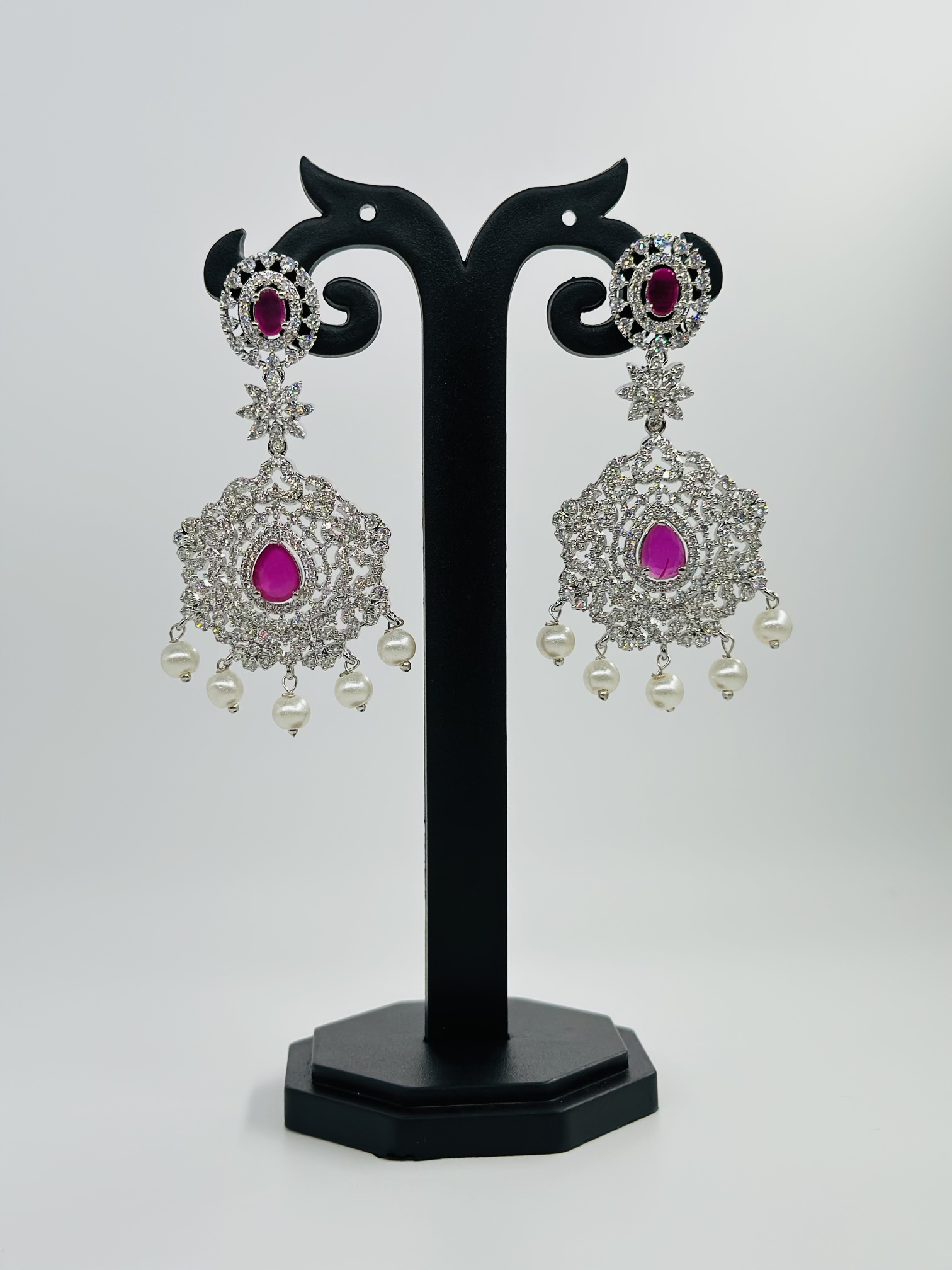 Ruby & CZ Rhodium-Tone Drop Earrings
