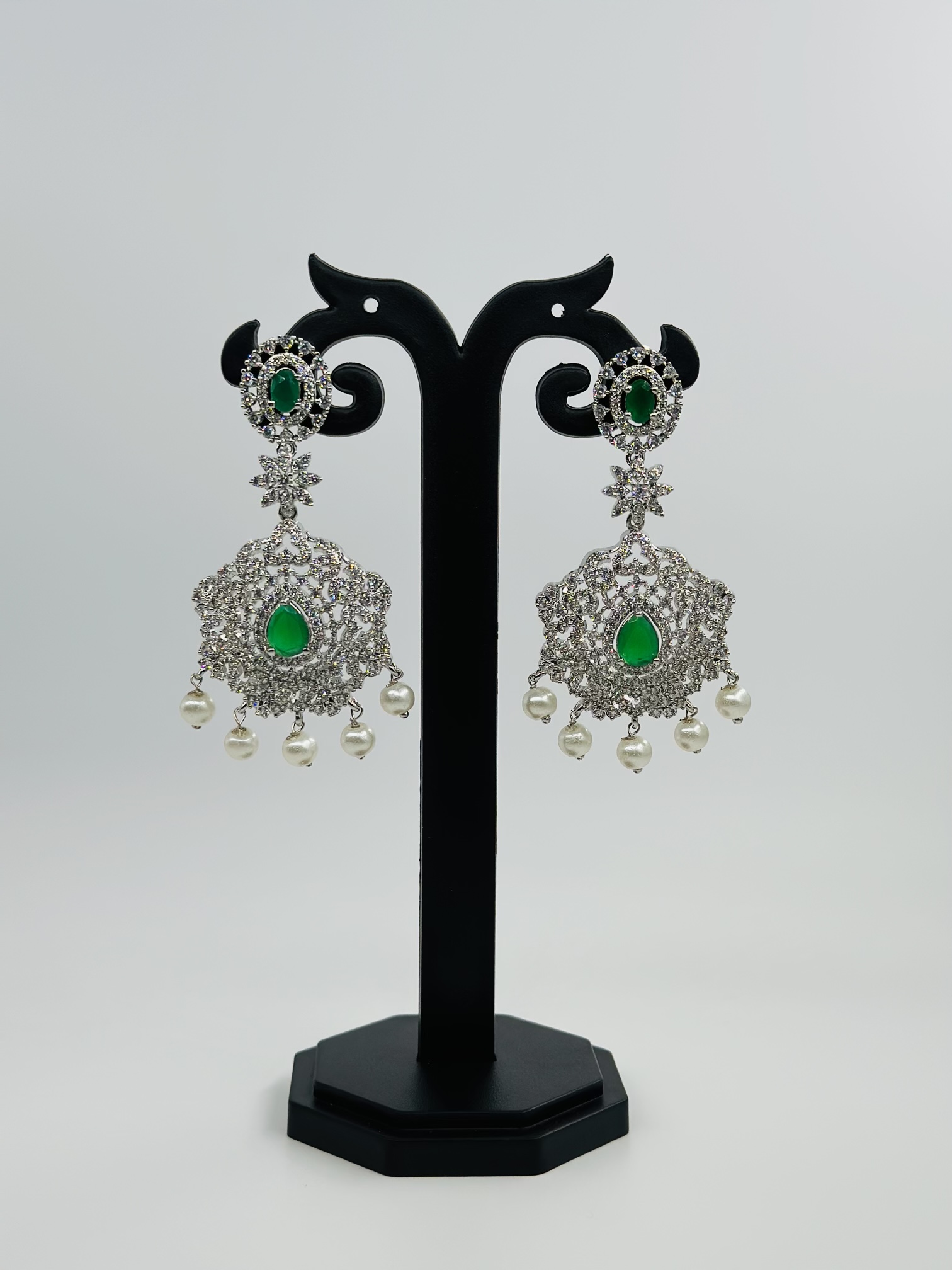 Green Stone & CZ Rhodium-Tone Drop Earrings - Image 4