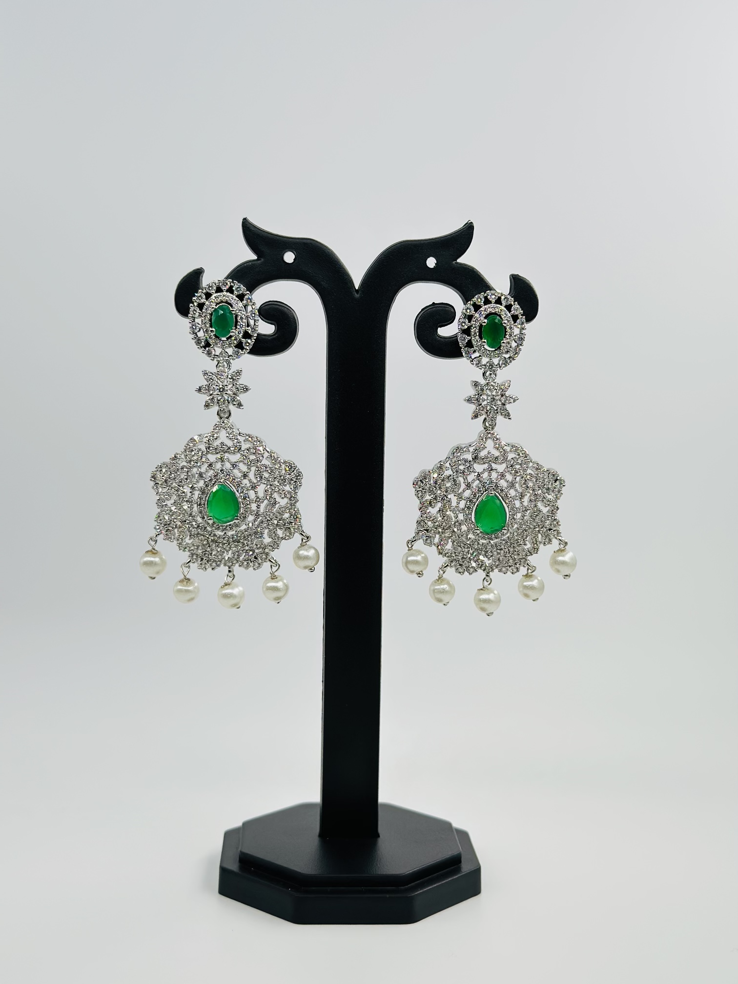 Green Stone & CZ Rhodium-Tone Drop Earrings - Image 3