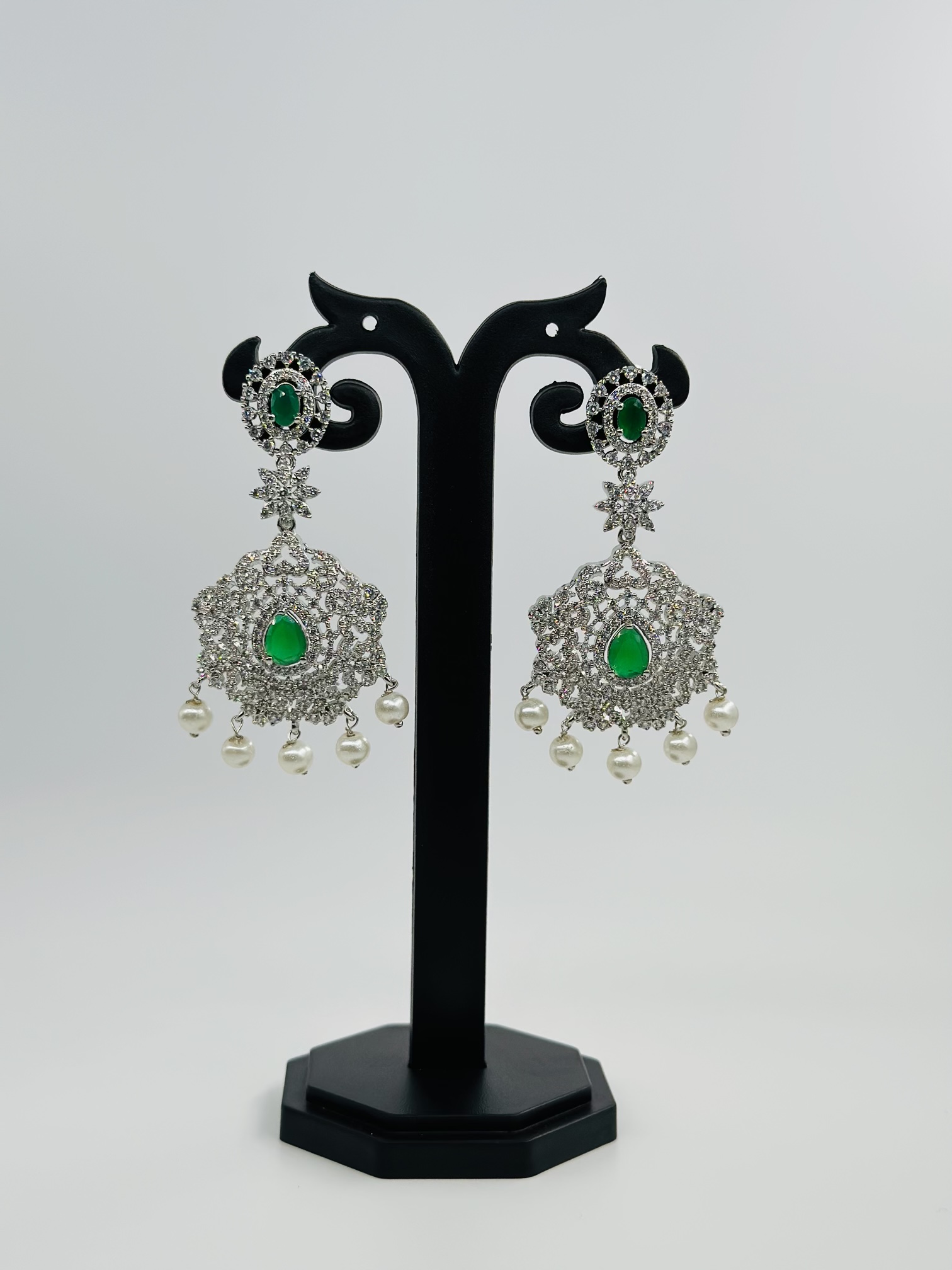 Green Stone & CZ Rhodium-Tone Drop Earrings - Image 2