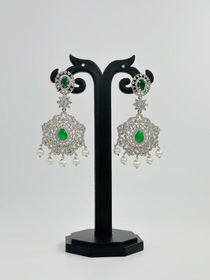 Green Stone & CZ Rhodium-Tone Drop Earrings