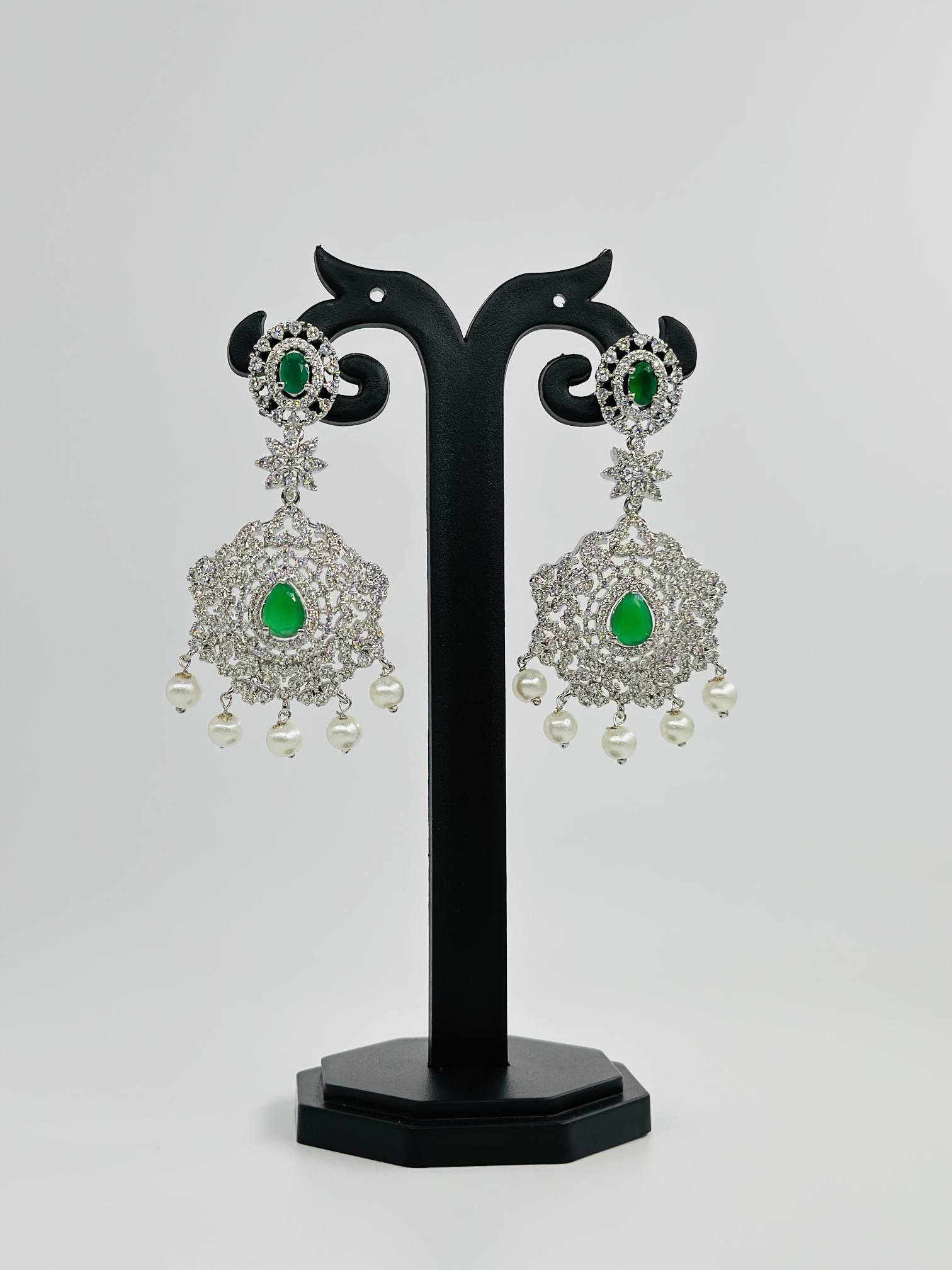 Green Stone & CZ Rhodium-Tone Drop Earrings