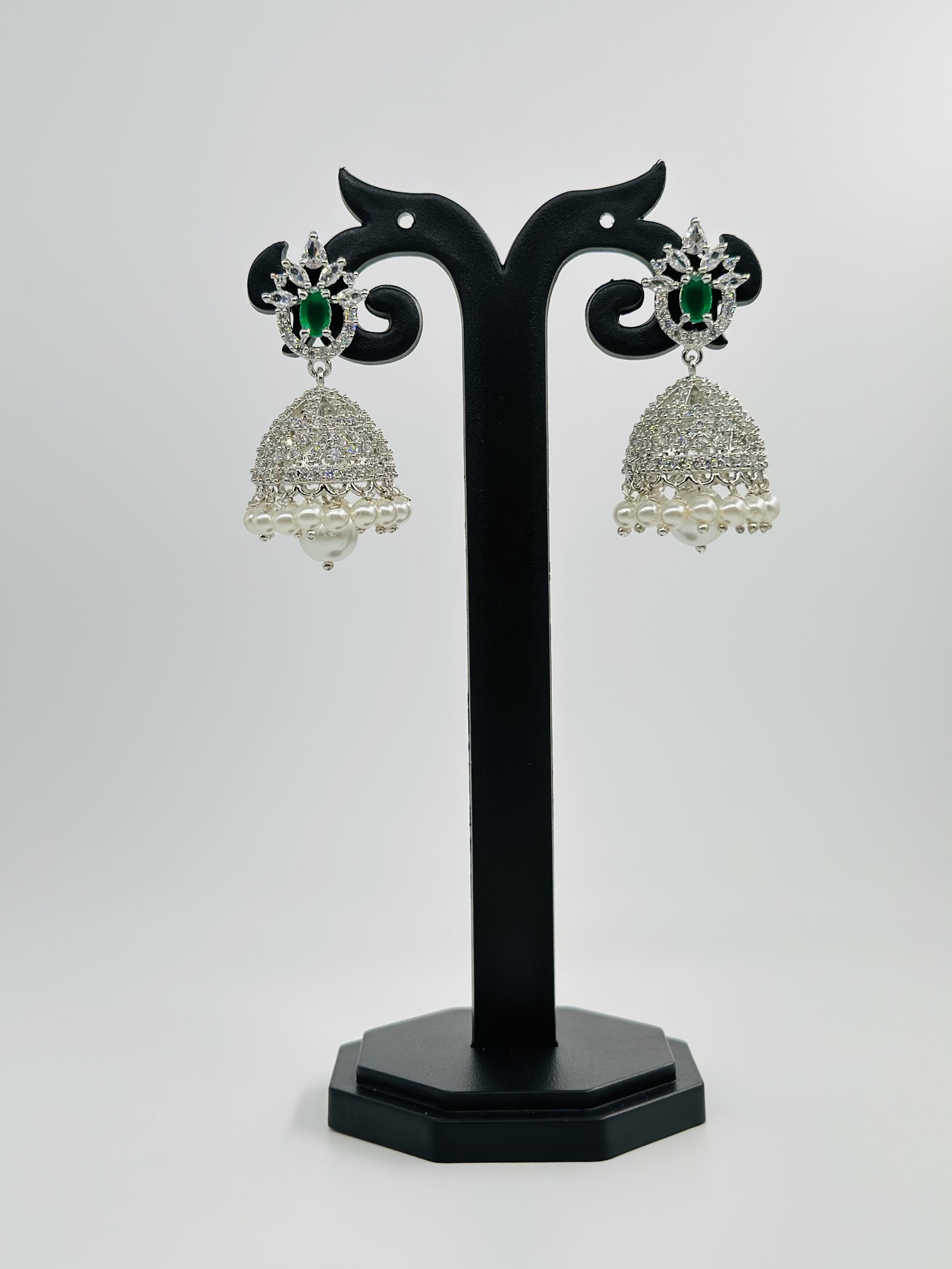 Green Stone & CZ Rhodium-Tone Jhumka Earrings - Image 4