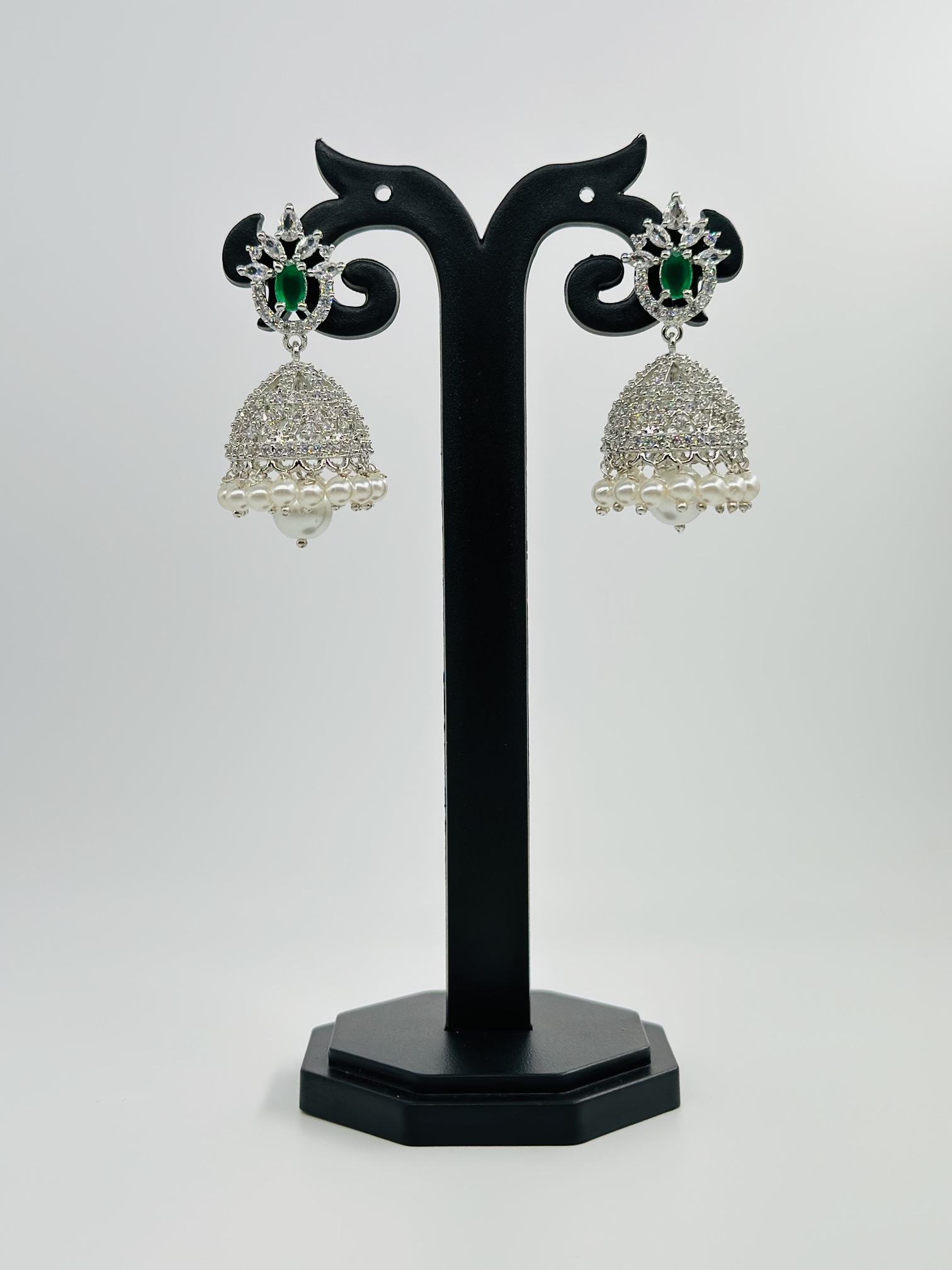Green Stone & CZ Rhodium-Tone Jhumka Earrings - Image 3
