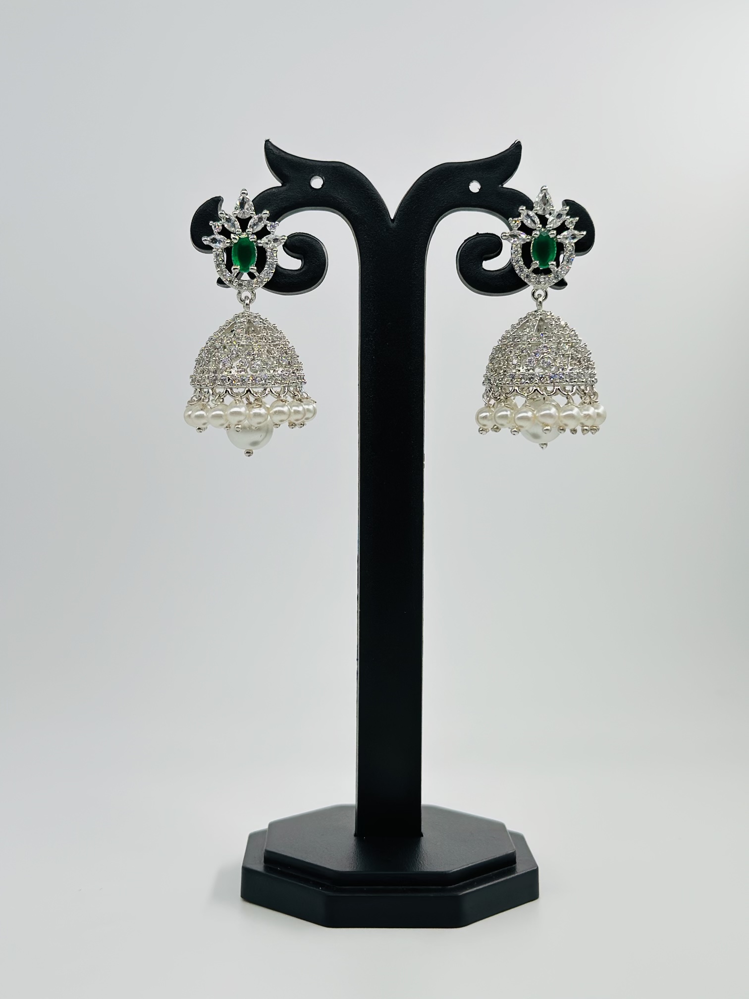 Green Stone & CZ Rhodium-Tone Jhumka Earrings - Image 2