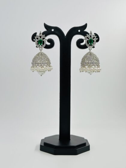 Green Stone & CZ Rhodium-Tone Jhumka Earrings