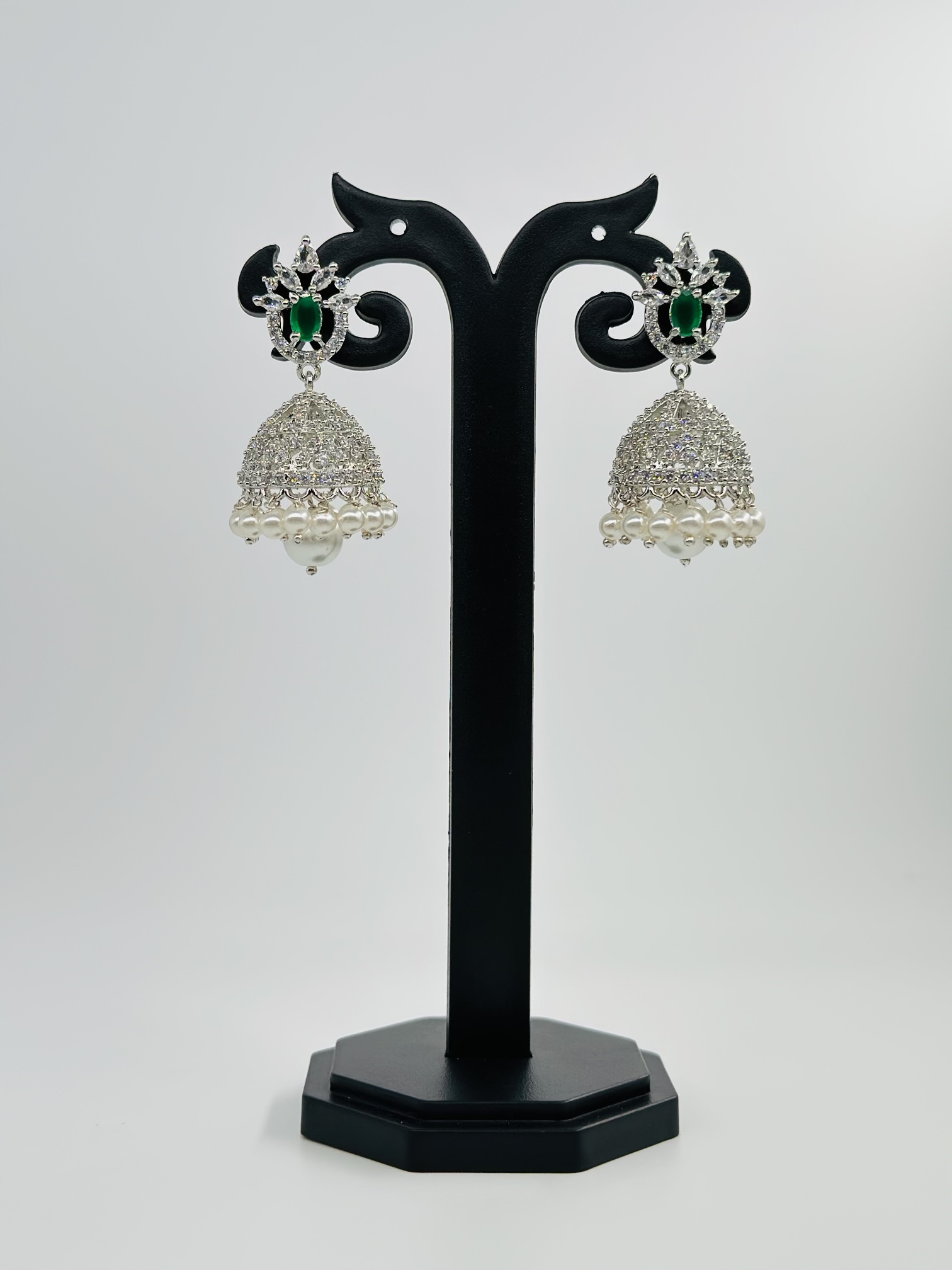 Green Stone & CZ Rhodium-Tone Jhumka Earrings