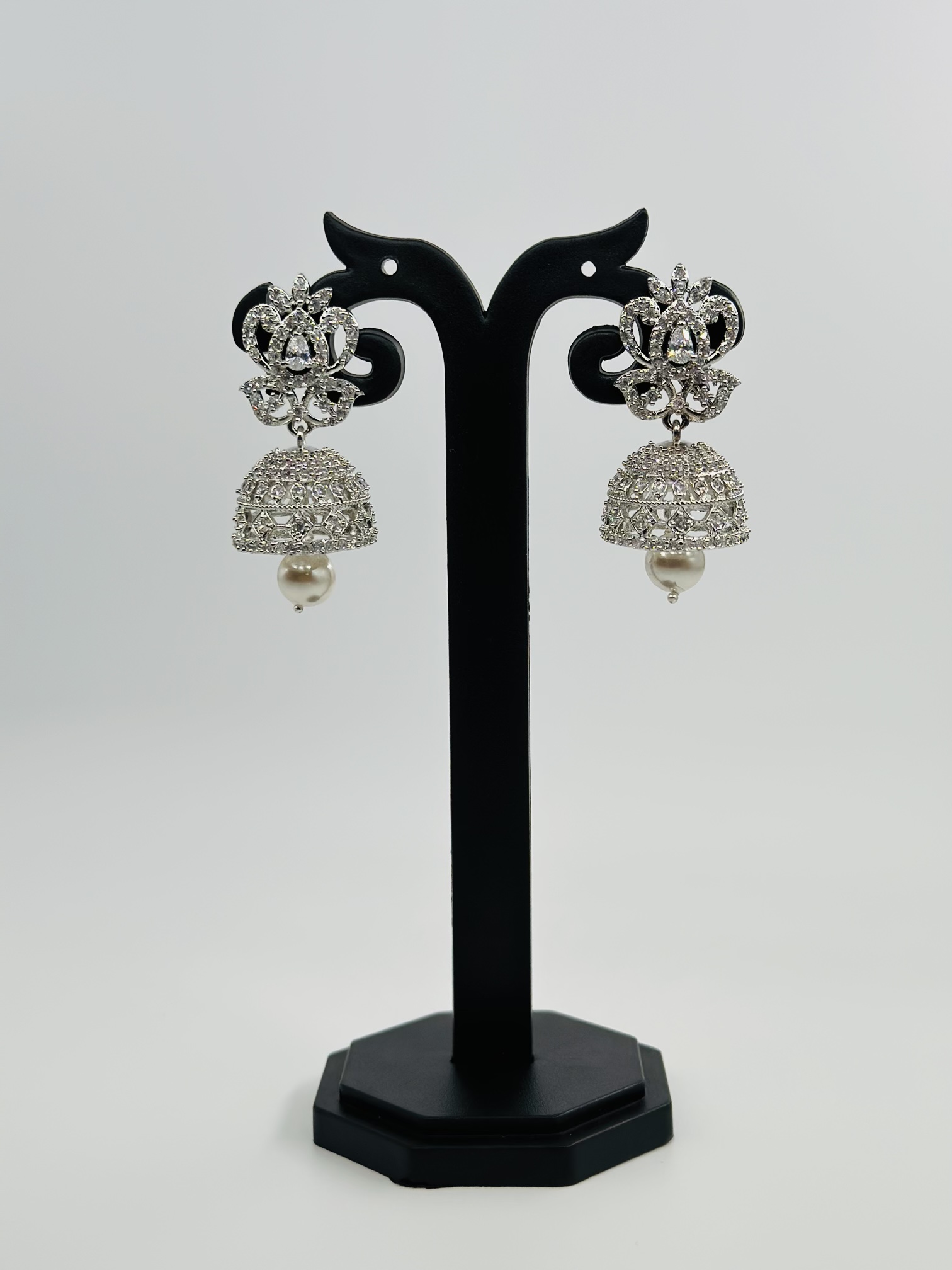 CZ Stone Rhodium-Tone Jhumka Earrings - Image 4