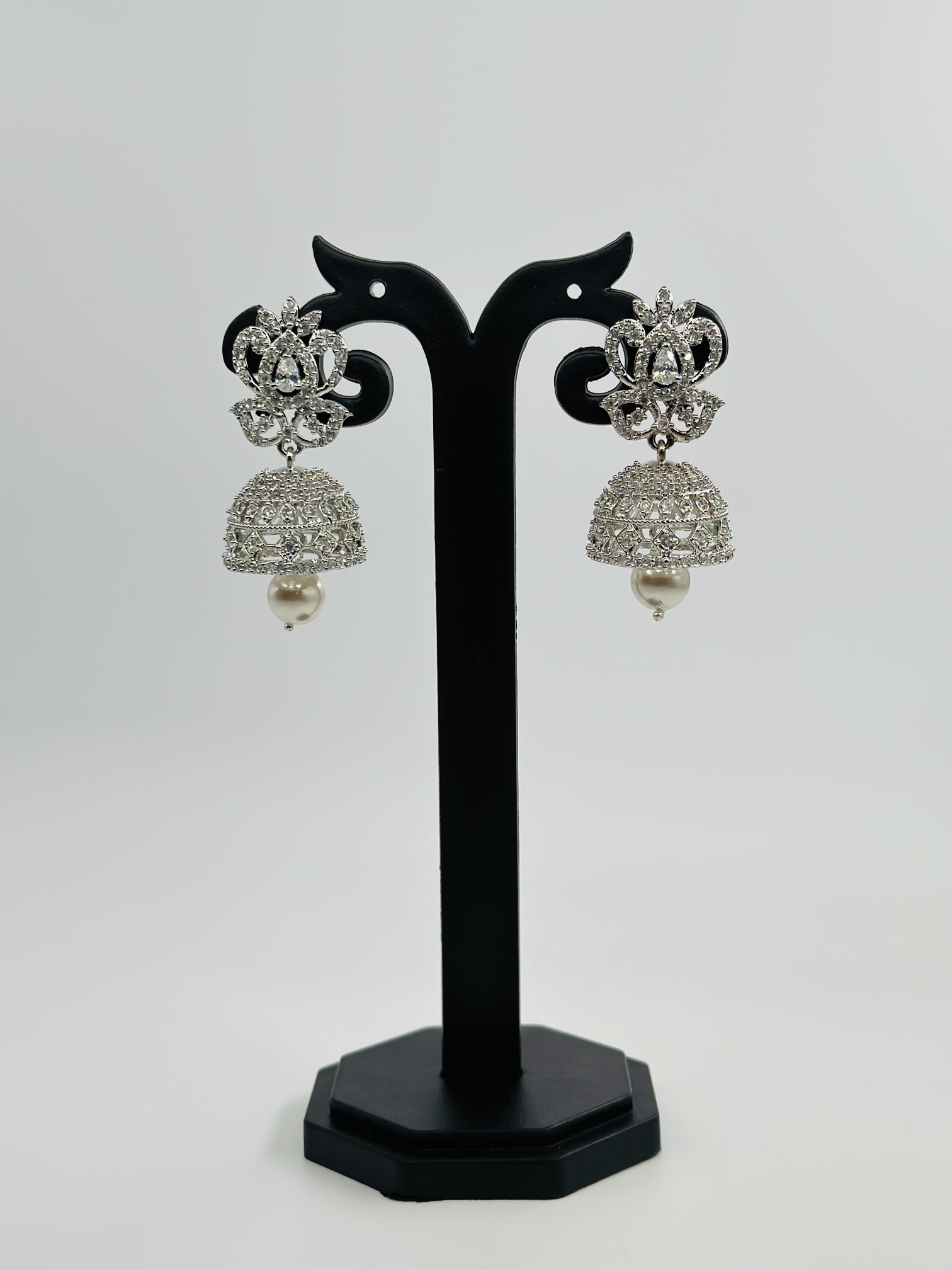 CZ Stone Rhodium-Tone Jhumka Earrings - Image 3