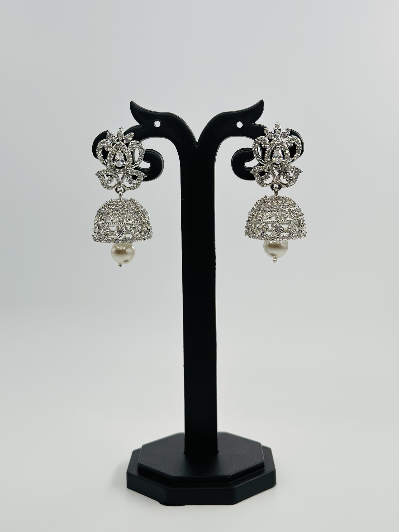 CZ Stone Rhodium-Tone Jhumka Earrings - Image 2