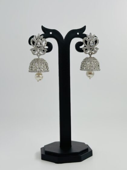 CZ Stone Rhodium-Tone Jhumka Earrings