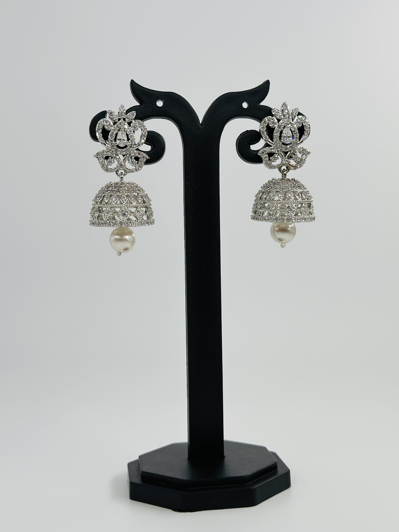 CZ Stone Rhodium-Tone Jhumka Earrings