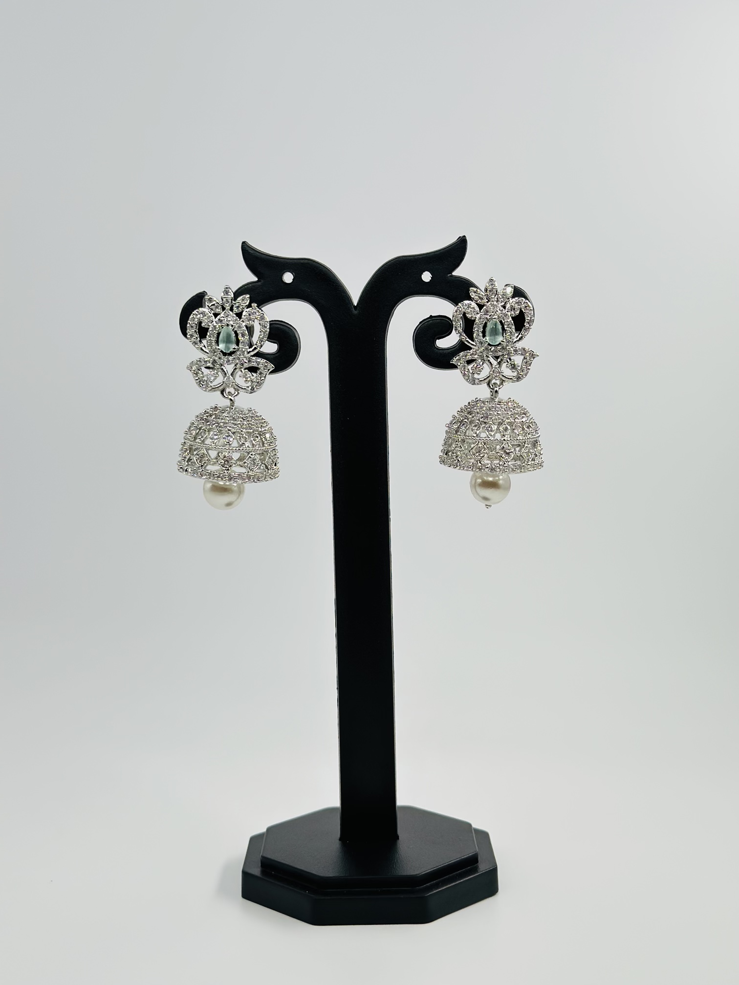 Light Green Stone & CZ Rhodium-Tone Jhumka Earrings - Image 4