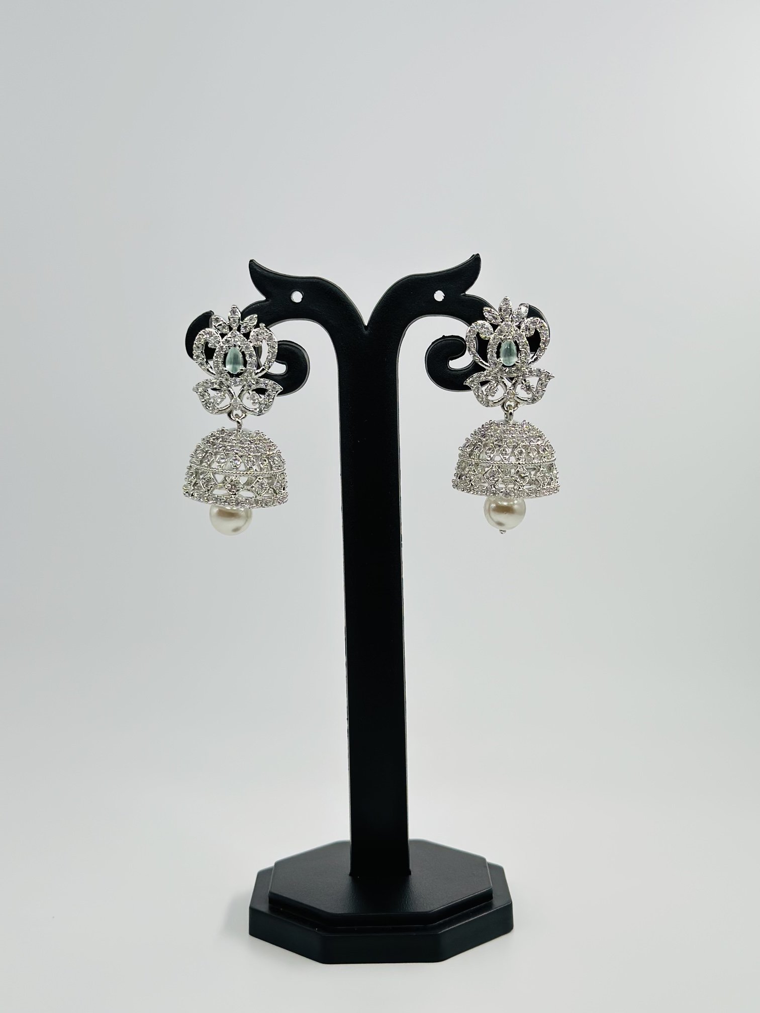 Light Green Stone & CZ Rhodium-Tone Jhumka Earrings - Image 3