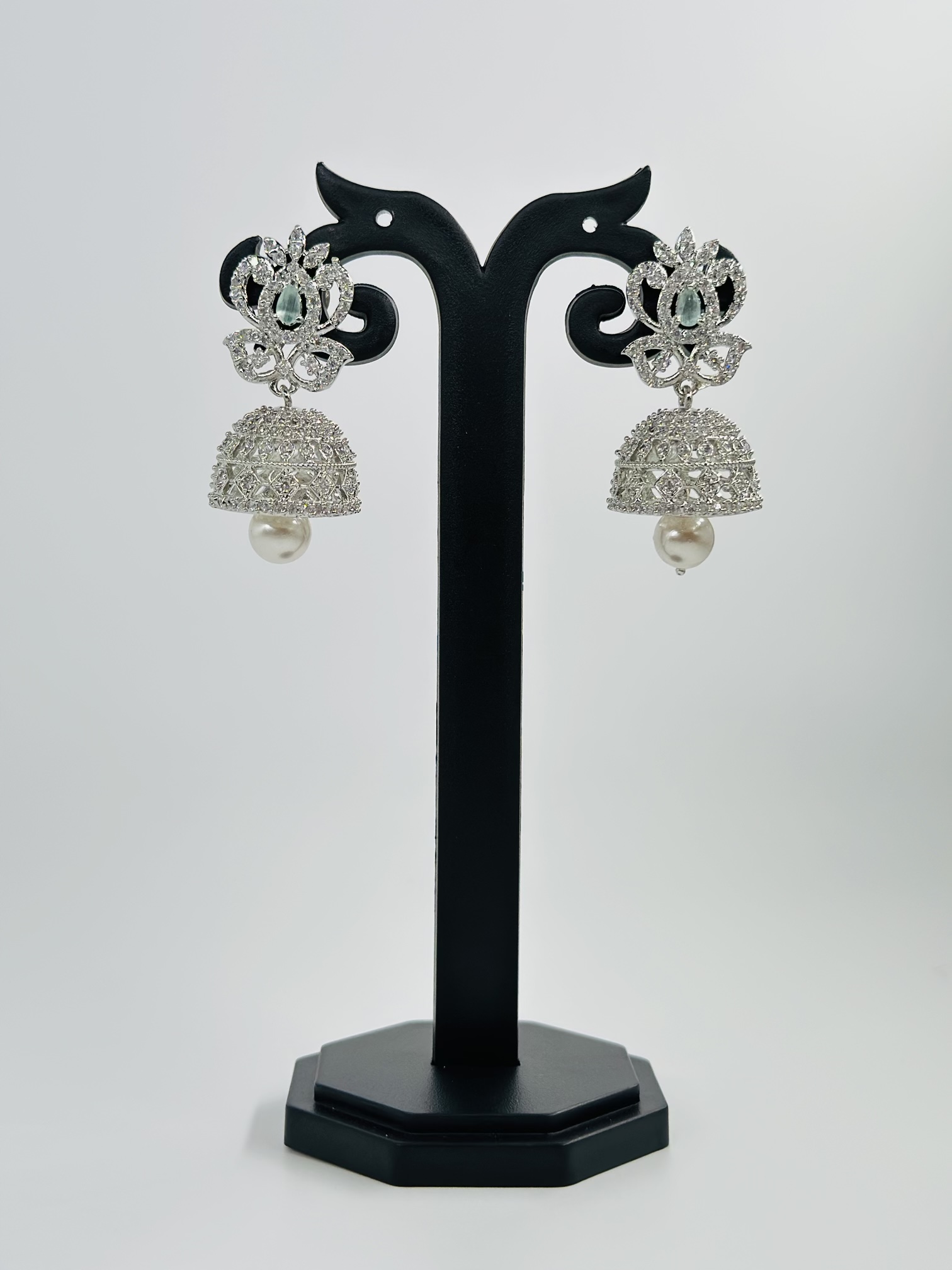 Light Green Stone & CZ Rhodium-Tone Jhumka Earrings - Image 2