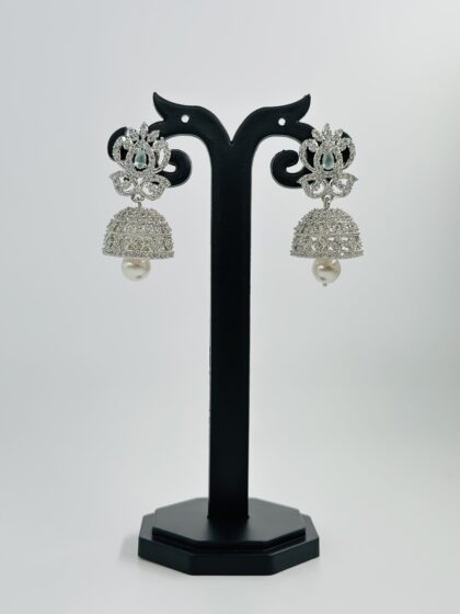 Light Green Stone & CZ Rhodium-Tone Jhumka Earrings