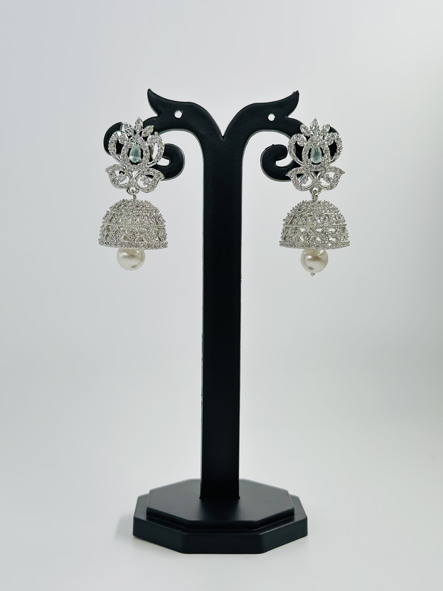 Light Green Stone & CZ Rhodium-Tone Jhumka Earrings
