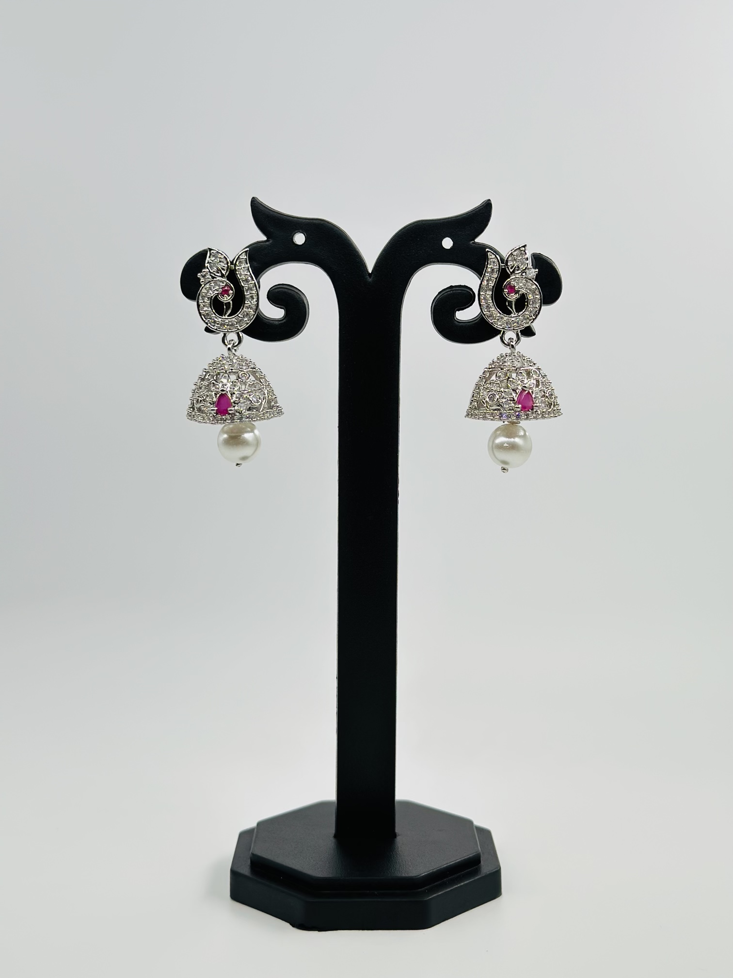 Ruby & CZ Rhodium-Tone Jhumka Earrings - Image 3