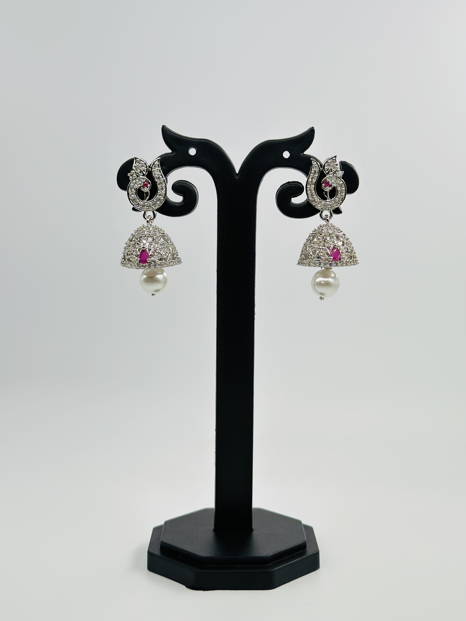 Ruby & CZ Rhodium-Tone Jhumka Earrings - Image 2