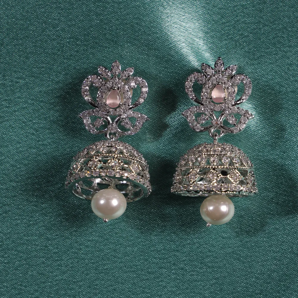Pink Stone & CZ Rhodium-Tone Jhumka Earrings