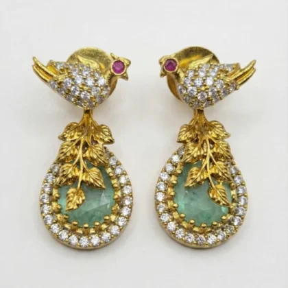 Green Stone & CZ Gold Tone Bird Drop Earrings
