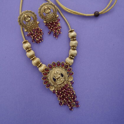 Gold-Tone Temple Necklace Set with Ruby Beads