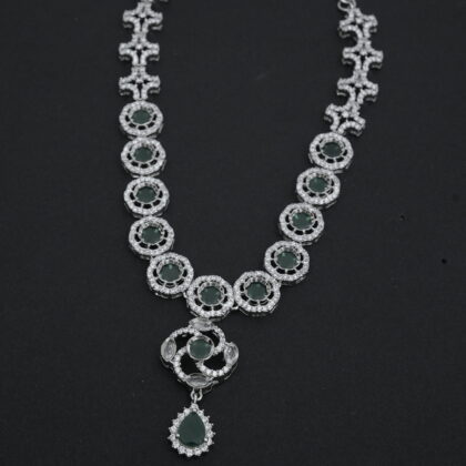 Green Stone & CZ Rhodium-Tone Necklace Set