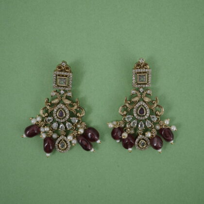 Antique Gold-Tone Ruby & CZ Drop Earrings