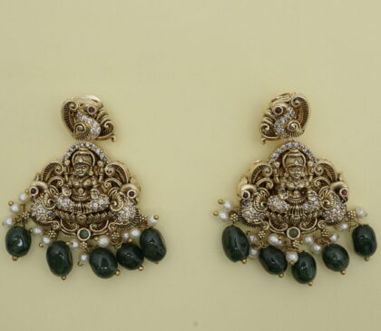 Antique Gold-Tone Lakshmi & Green Bead Drop Earrings