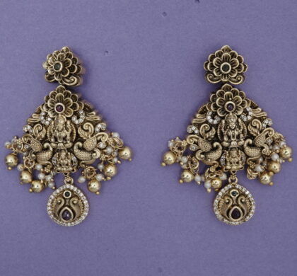 Antique Gold-Tone Peacock & Lakshmi Drop Earrings