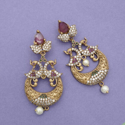 Antique Gold-Tone Crescent & Peacock Drop Earrings with CZ and Maroon Stone