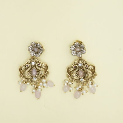 Antique Gold-Tone Floral Drop Earrings with CZ, Pink Stones, and Pearls