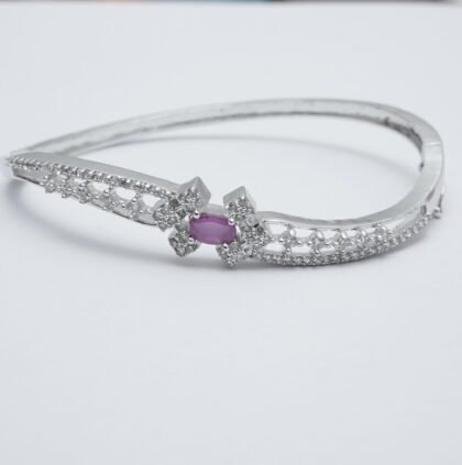 Silver-Tone Oval Pink Stone & Floral Lattice Kada
