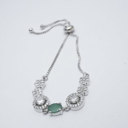 Silver-Tone Oval Green Stone & Floral Bolo Bracelet