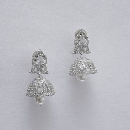 Silver-Tone CZ Jhumka Earrings with Floral Stud and Pearl Drop
