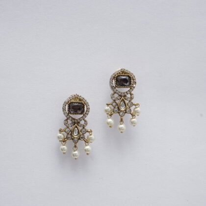 Smokey Quartz Stone & Pearls Gold Tone Drop Earrings