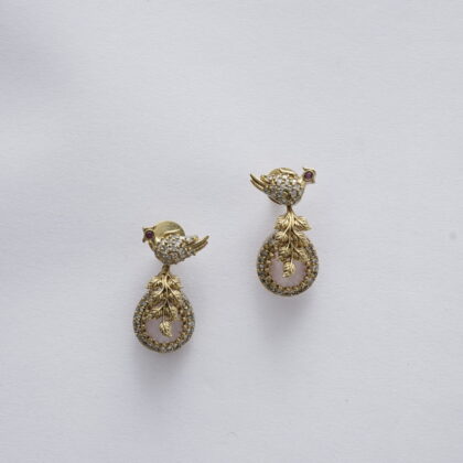 Pink Stone & CZ Gold Tone Bird Drop Earrings