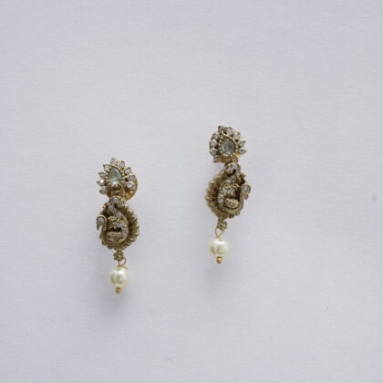 Gold-Tone Peacock Drop Earrings with CZ, Green Stone, and Pearl