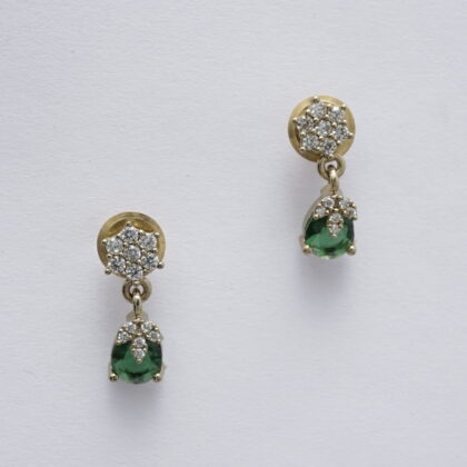 Gold-Tone CZ Floral Stud Drop Earrings with Light Green Teardrop