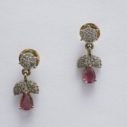 Gold-Tone CZ Floral Stud Drop Earrings with Ruby Teardrop