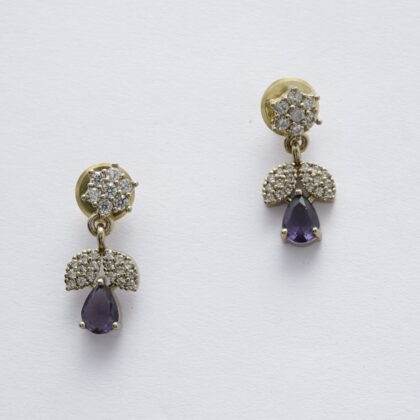 Gold-Tone CZ Floral Stud Drop Earrings with Dark Purple Teardrop