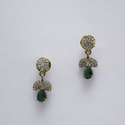Gold-Tone CZ Floral Stud Drop Earrings with Emerald Teardrop
