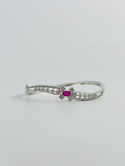 Silver-Tone Oval Pink Stone & Floral Lattice Kada