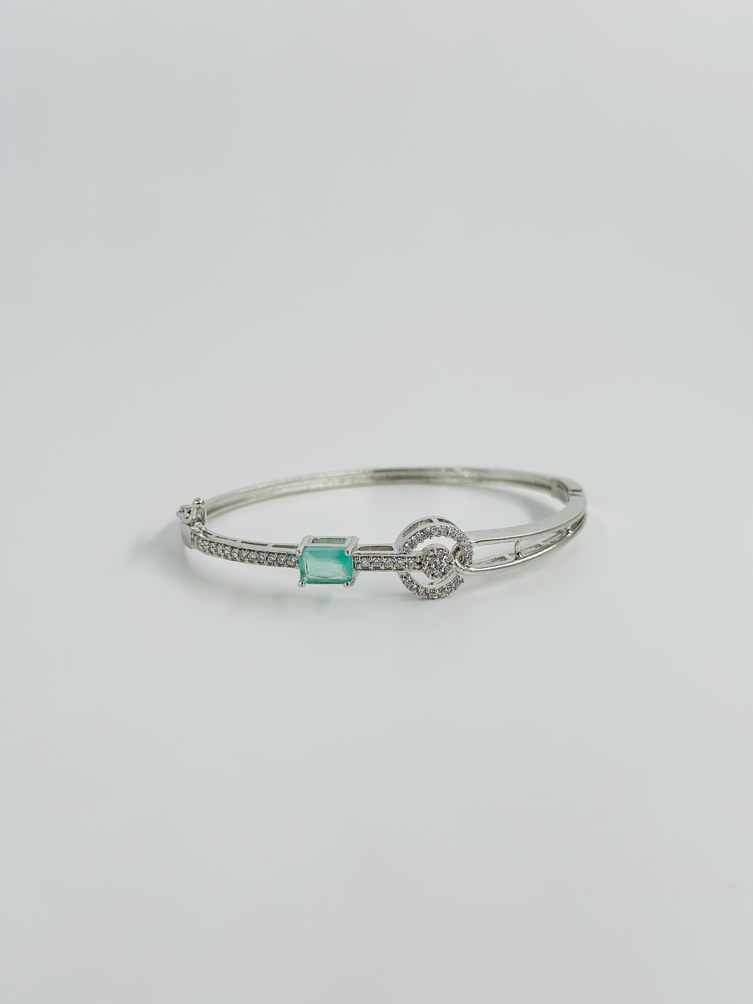 Silver-Tone CZ Bangle with Emerald-Cut Blue Stone - Image 2