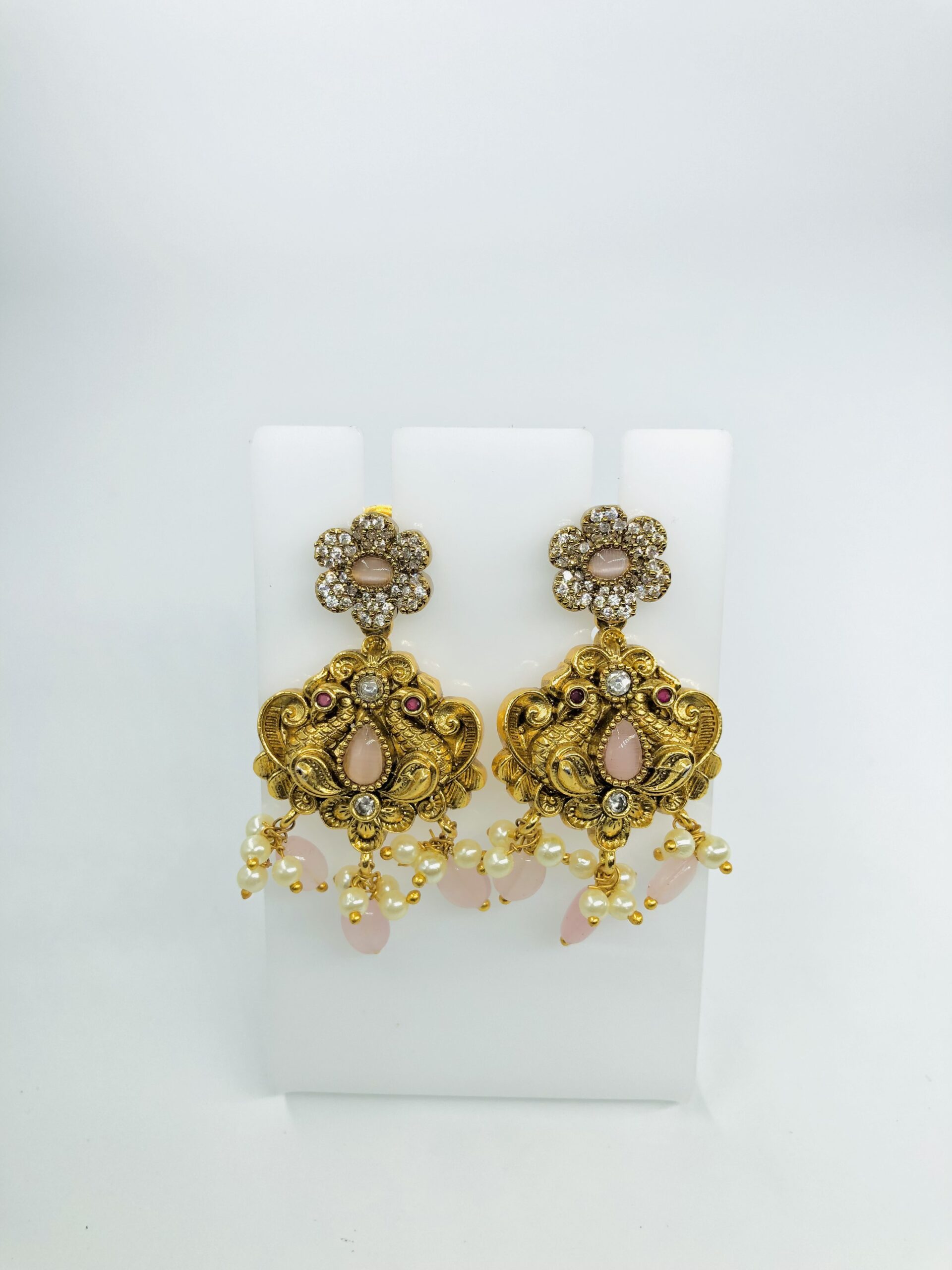 Antique Gold-Tone Floral Drop Earrings with CZ, Pink Stones, and Pearls - Image 4