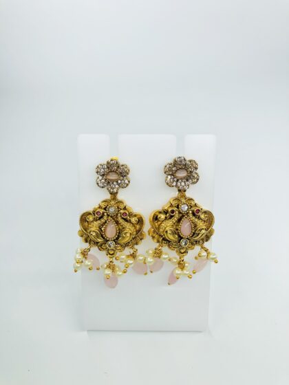 Antique Gold-Tone Floral Drop Earrings with CZ, Pink Stones, and Pearls
